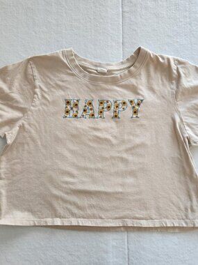 Electric Pink Cream Off white Sunflower "happy" graphic tee size large